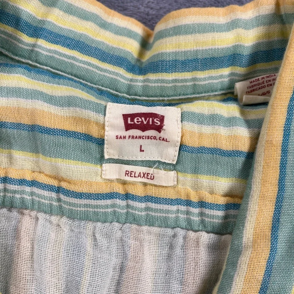 Levis Button Up L Yellow Blue Stripe Relaxed Short Sleeve Coastal Gauze Retro